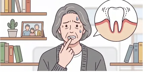 歯のぐらつきに困る女性と、歯を支える骨が溶けた状態のイラスト
